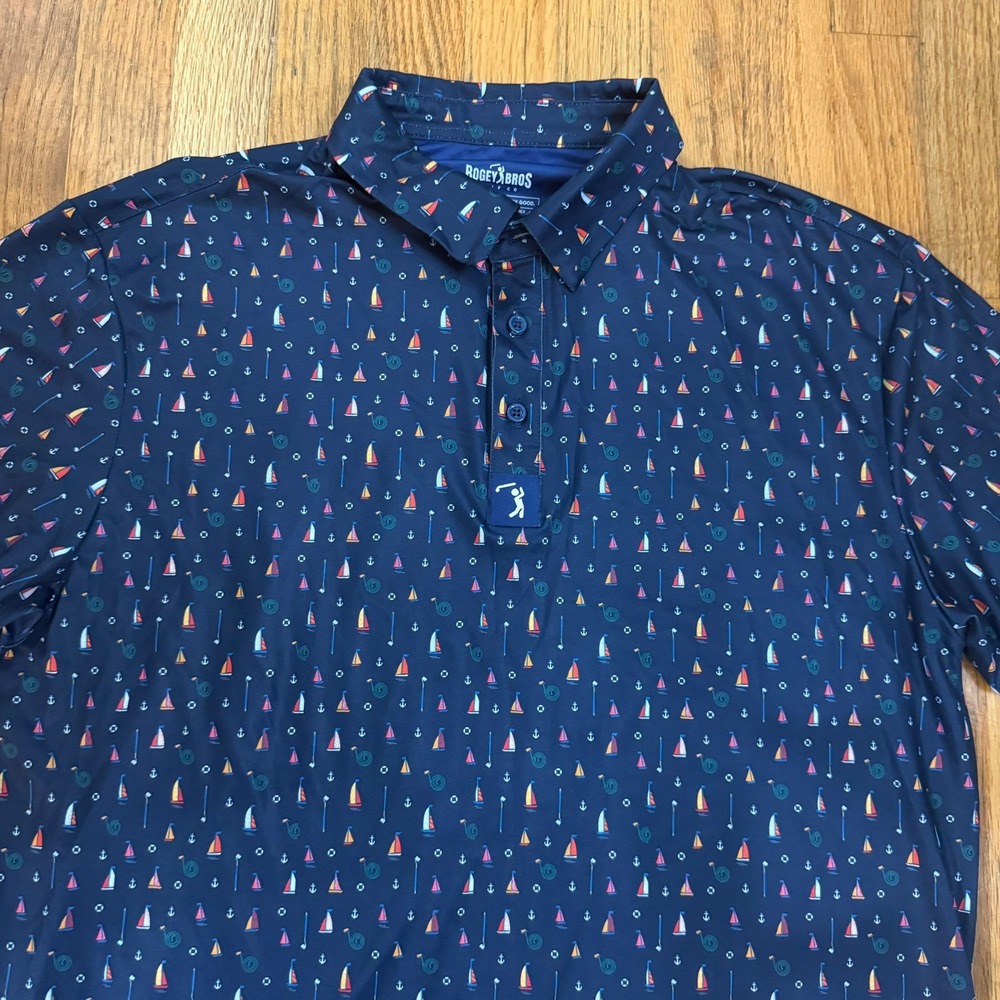 Bogey Bros Golf Co Polo Shirt Mens Large Navy Blue Sailboat Anchor Print